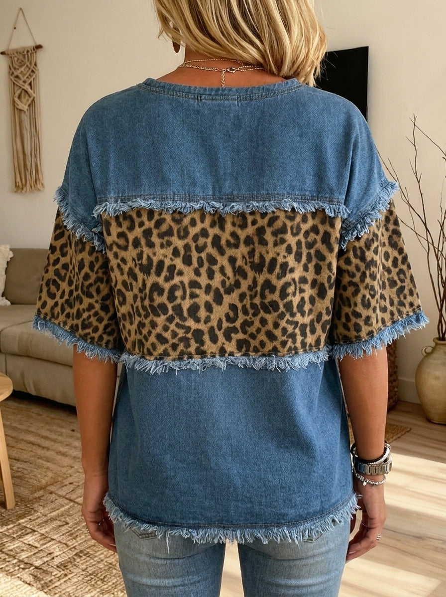 Women Denim Leopard Print Splice Top Frayed Edge Short Sleeve Casual Blouse