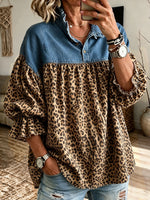 Women Denim Leopard Patchwork Ruffle Collar Puff Sleeve Loose Blouse