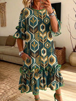 Retro Floral Pattern Art Print Casual Ruffle Stylish Cotton Linen Dress