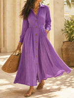 Retro Elegant Lapel Art Button Casual Long Sleeve Stylish Long Dress