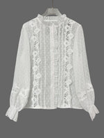 Elegant Floral Hollow Ruffle Long Sleeve Art Casual Lace Button Shirt