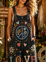 Women's Heart Floral LOVE Letter Print Denim Overall Pants