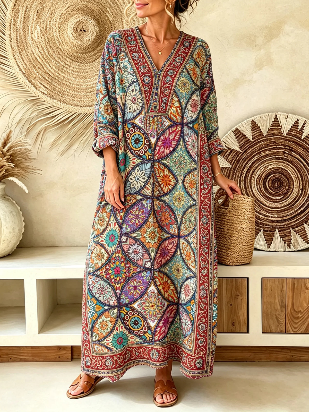 Women Vintage Diamond Floral Patchwork Print V-neck Maxi Dress