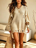 Retro Art Casual Stylish Knit Hollow Round Collar Long Sleeve Short Dress