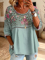 Women's Hollow Lace Spliced Leopard Floral Patchwork 3/4 Sleeve Blouse