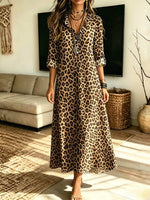 Retro Leopard Pattern Art Casual Long Sleeve Stylish Cotton Linen Dress