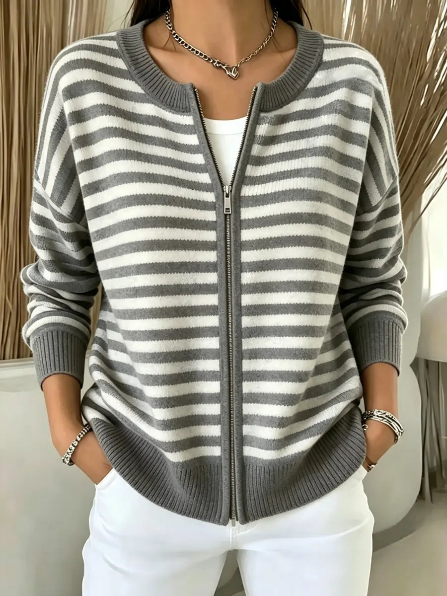 Classic Stripe Pattern Zip Long Sleeve Casual Stylish Knitted Cardigan Coat