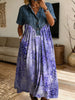 Women’s Denim Spliced Purple Wisteria Floral Print Shirt Midi Dress With Pockets