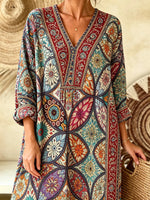 Women Vintage Diamond Floral Patchwork Print V-neck Maxi Dress