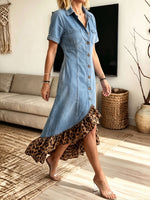 Women's Denim Leopard Ruffle Hem Split Shirt Maxi Dress With Pockets