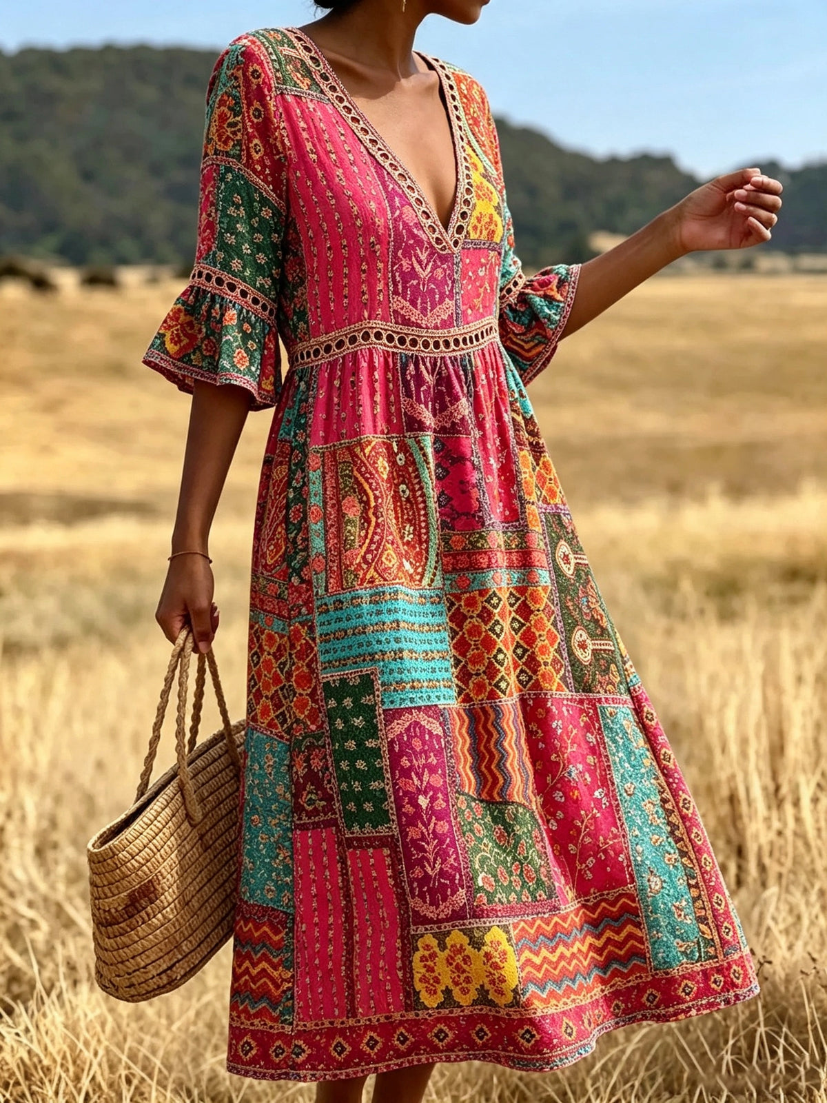 Women's Eyelet Cutout Patchwork Midi Dress