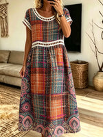 Women's Vintage Plaid Floral Mixed Print Short Sleeve Midi Dress
