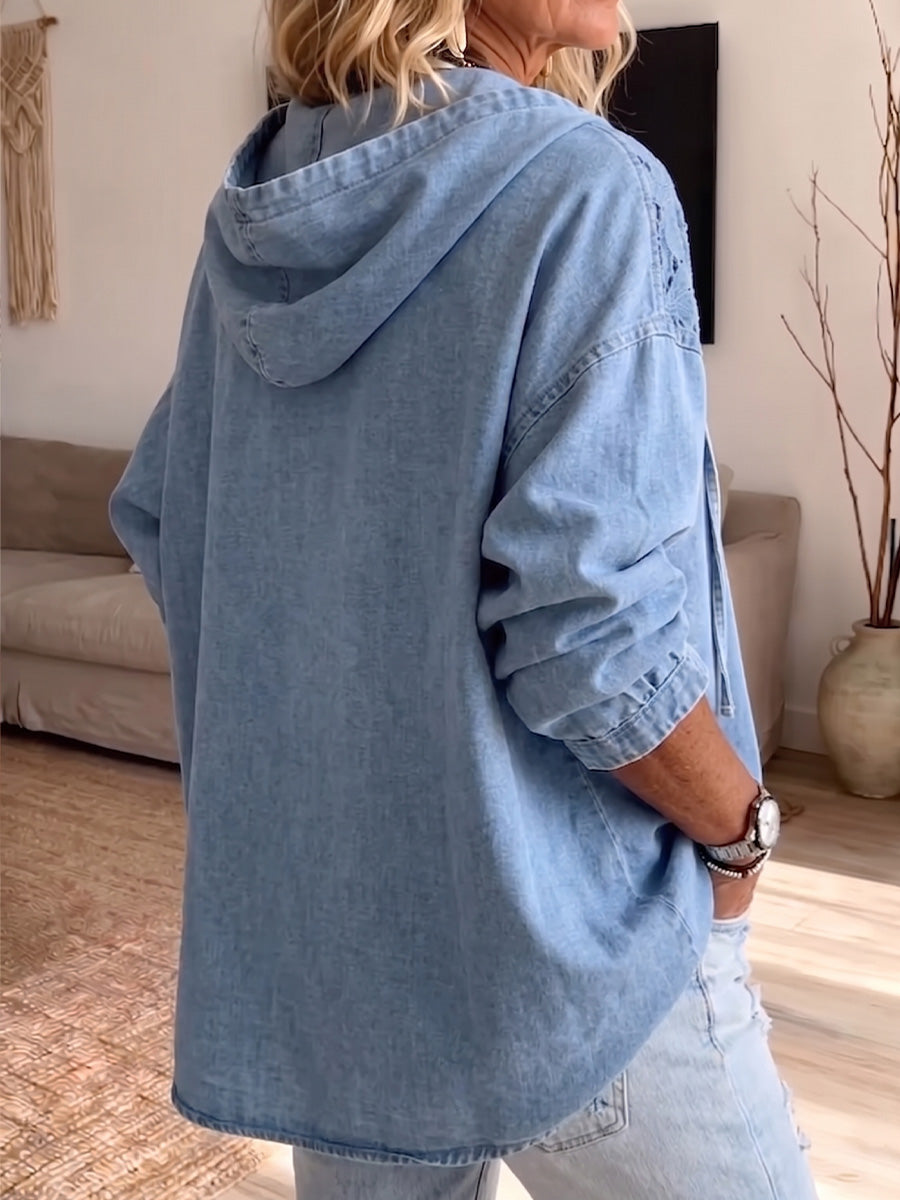 Vintage Elegant Openwork Lace Patchwork Denim Hood Shirt