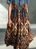Retro Ethnic Pattern Art Print Casual Stylish Lapel Denim Patchwork Dress