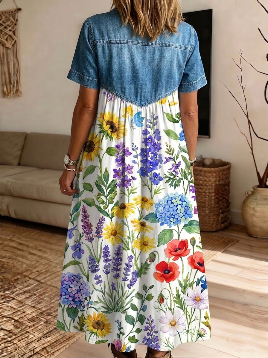 Women Denim Patchwork Floral Midi Dress Collar Short Sleeve Button Front Casual Long Dress