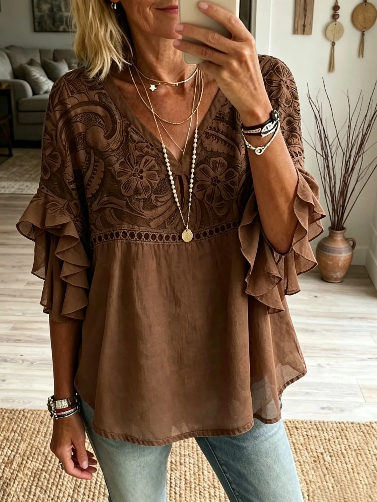 Women’s Brown Floral Embroidered Ruffle Top
