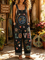 Women's Heart Floral LOVE Letter Print Denim Overall Pants
