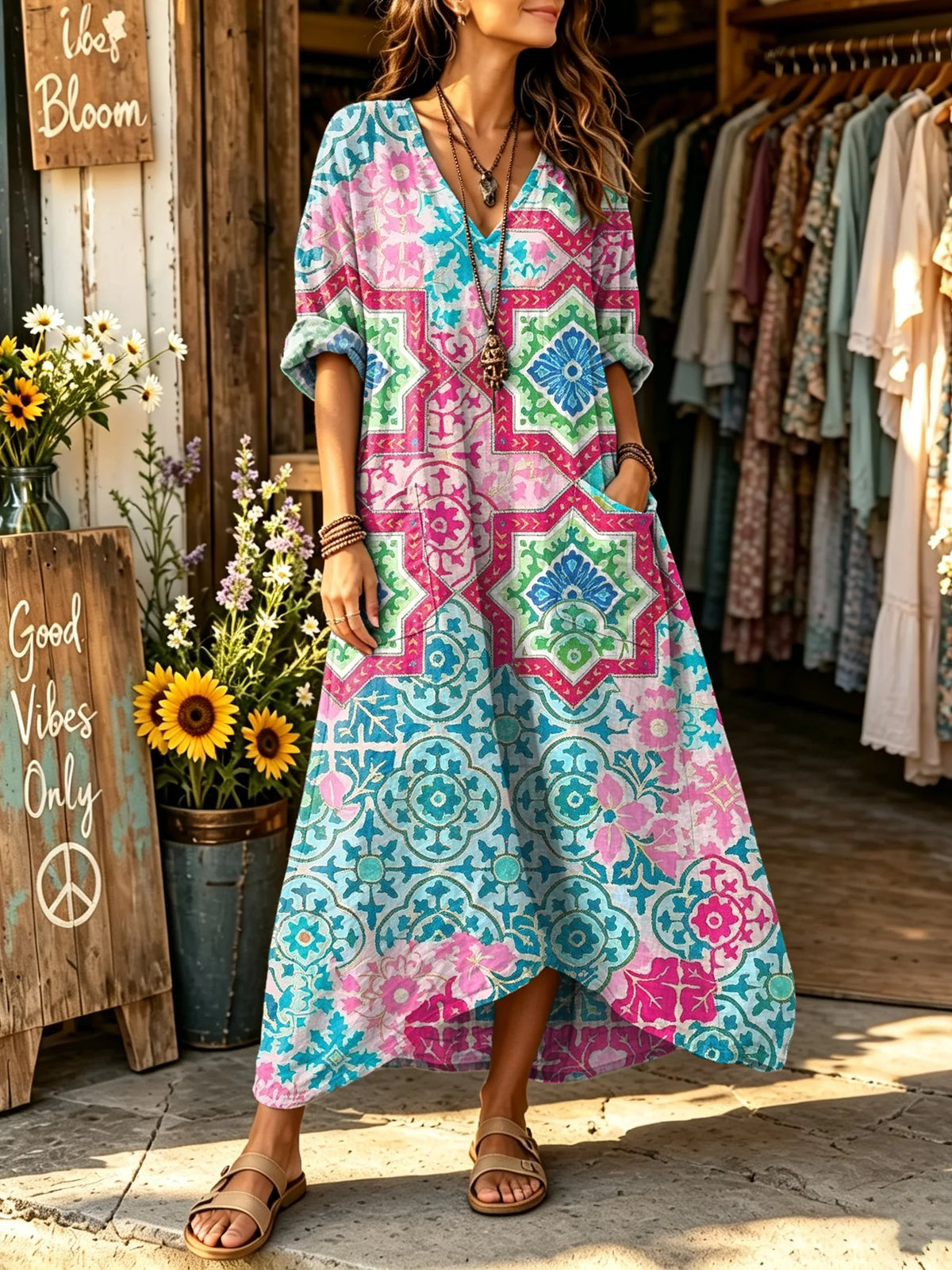 Women's Ethnic Geometric Diamond Color Block Print V-neck Maxi Dress