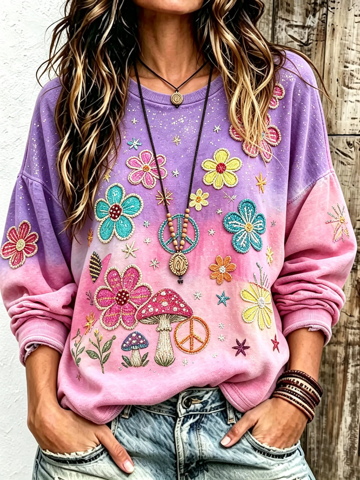 Women Pink Purple Gradient Mushroom Floral Peace Symbol Embroidery Drop Shoulder Sweatshirt