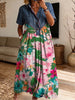 Women’s Denim Spliced Tropical Floral Print Midi Shirt Dress With Pockets