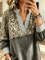 Women's Leopard Stripe Split-Neck Top