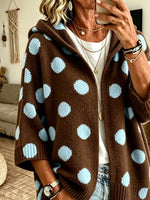 Women Polka Dot Print Hooded 3/4 Sleeve Knit Cardigan
