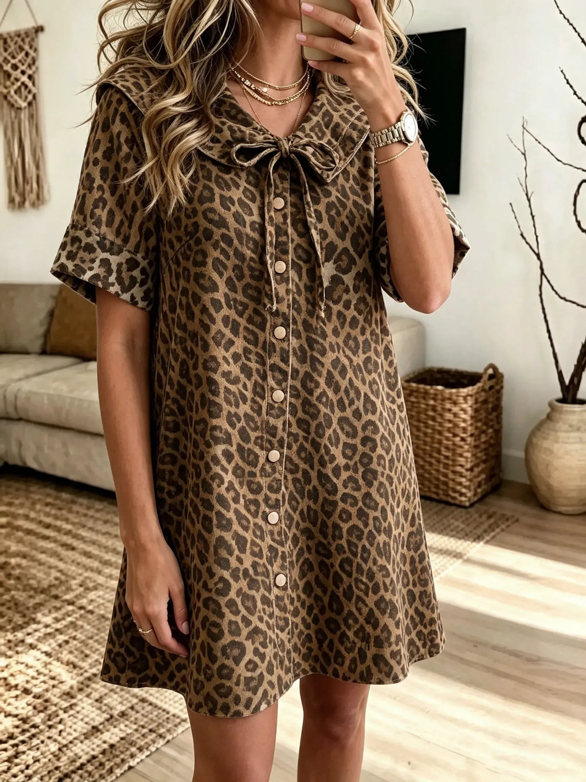 Women's Leopard Sailor Collar Shift Dress