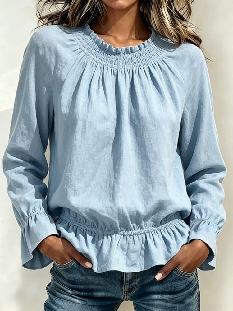 Women's Smocked Neck Ruffle Hem Blouse