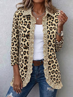Women Leopard Print Ruffle Trim Shirt Jacket Collared 3/4 Sleeve Button Down Casual Blouse Coat