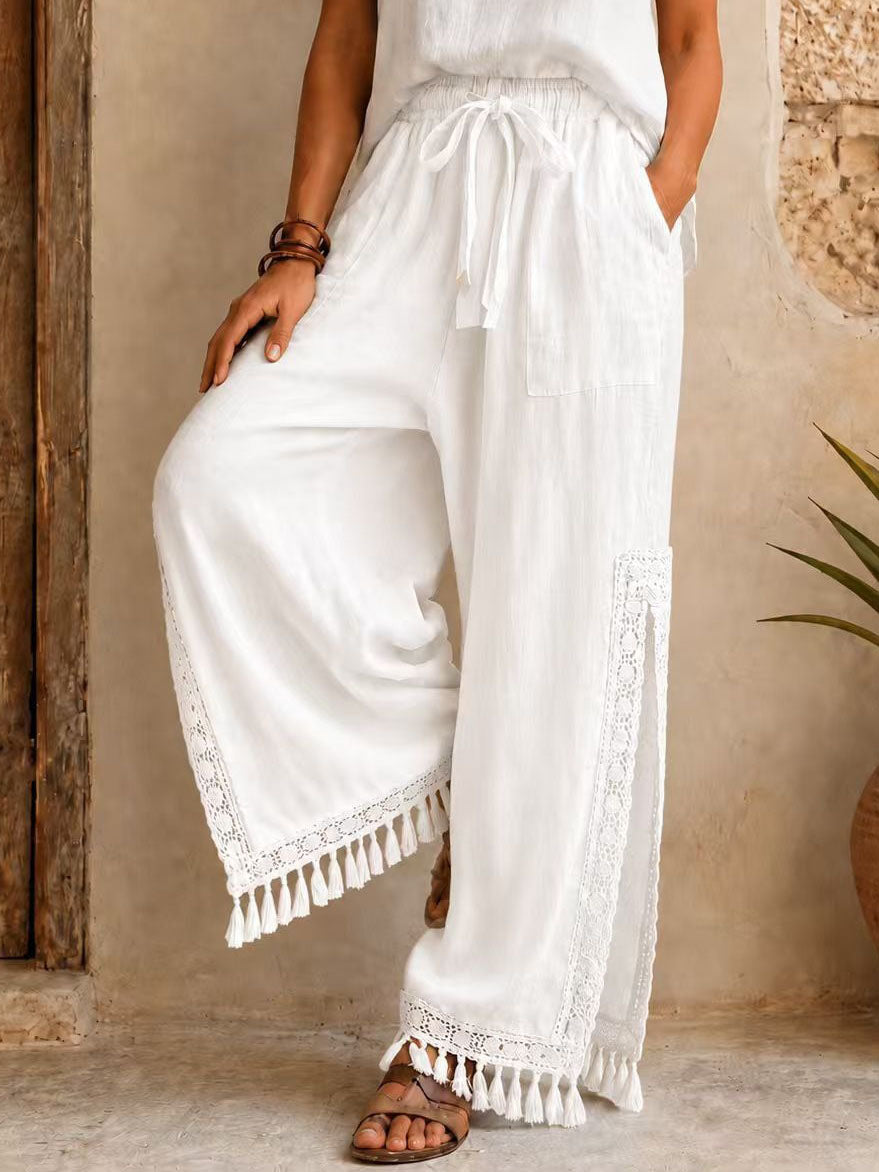 Women's Bohemian Lace Tassel Slit Linen Pants