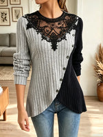 Elegant Floral Lace Patchwork Knit Art Casual Stylish Long Sleeve Top