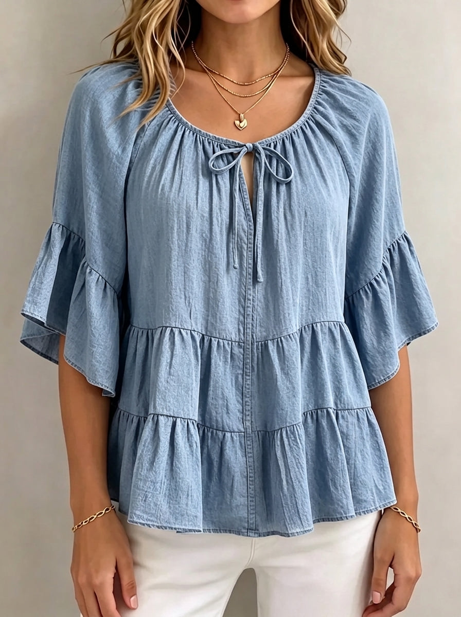 Women Chambray Tie Neck Blouse Ruffle Bell Sleeve Tiered Loose Casual Top