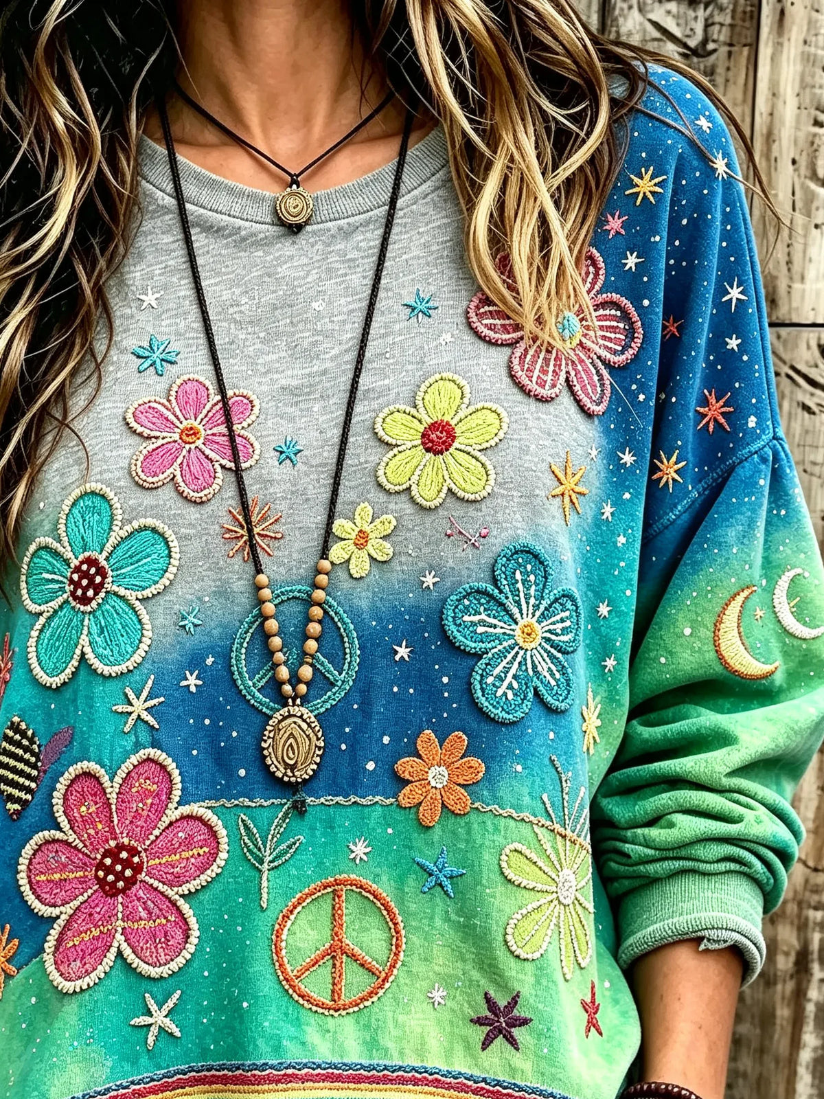 Women Teal Gradient Starry Floral Peace Sign Embroidery Oversized Sweatshirt