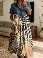 Retro Leopard Pattern Art Print Casual Stylish Lapel Denim Patchwork Dress