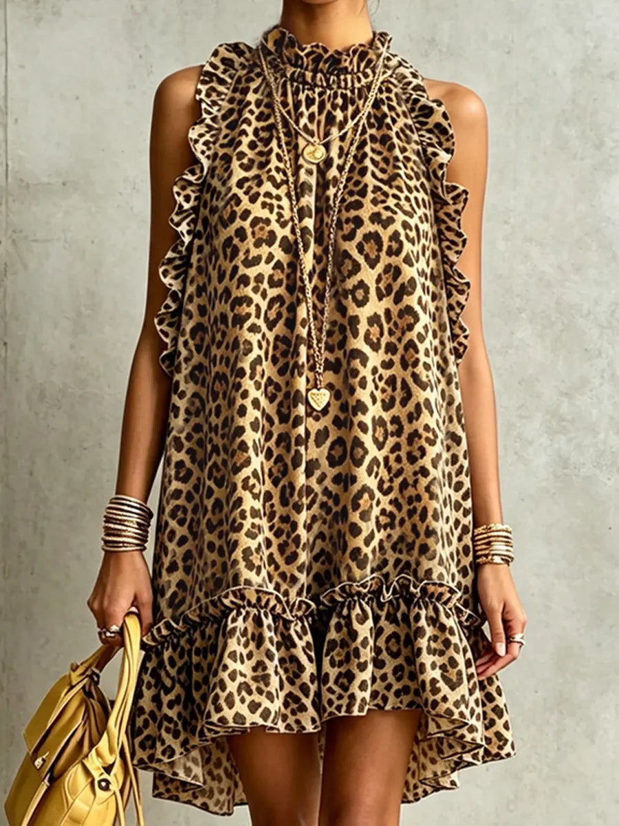 Retro Leopard Pattern Art Casual Ruffle Stylish Cotton Linen Dress