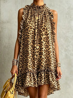 Retro Leopard Pattern Art Casual Ruffle Stylish Cotton Linen Dress