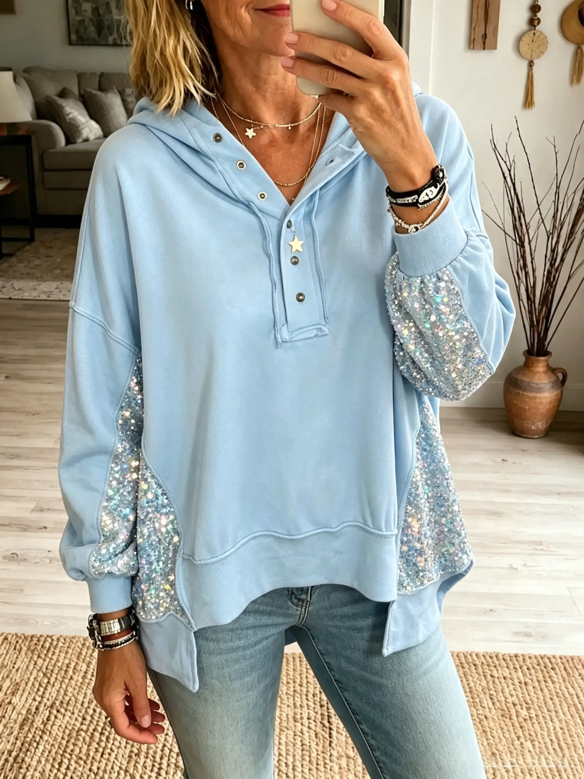 Women's Sequin Accent Button-Up Hoodie
