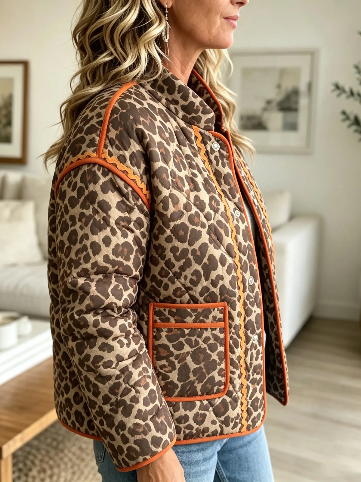 Women's Quilted Leopard Jacket with Ric-Rac Trim