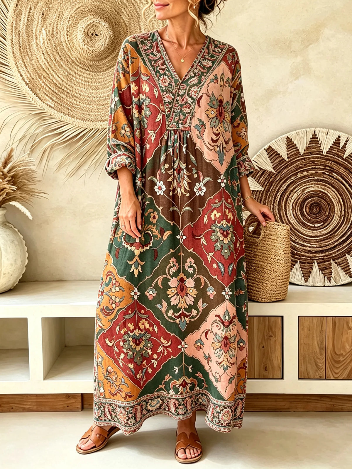 Women's Ethnic Geometric Floral Patchwork Print V-Neck Maxi Dress