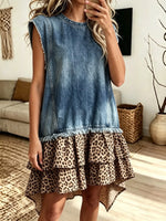 Women's Sleeveless Denim Leopard Tiered Dress