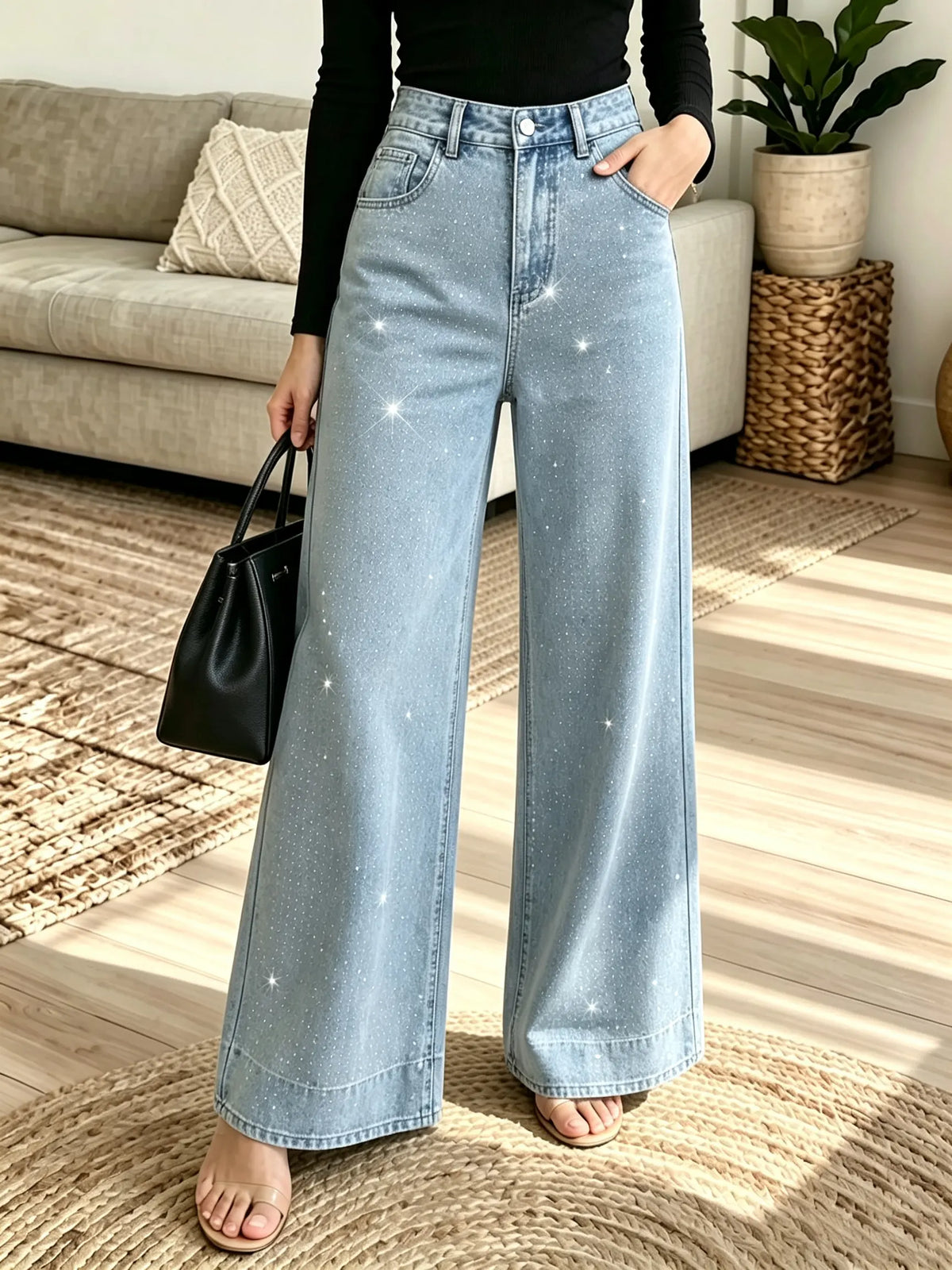Multi-Color Options Women's Rhinestone Embellished Wide-Leg Jeans