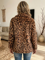 Women Leopard Print Fuzzy Fleece Jacket Lapel Button Down Warm Plush Coat