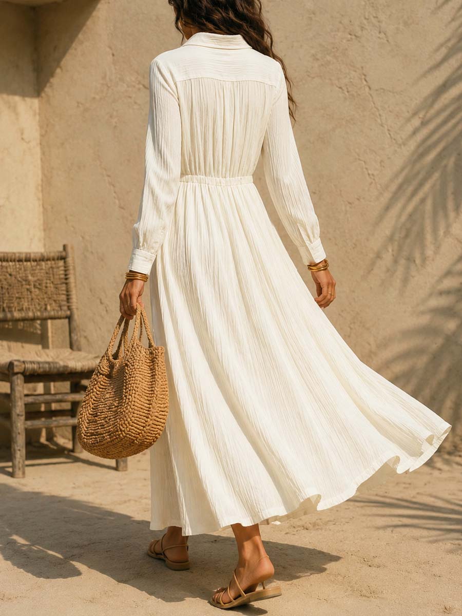 Retro Elegant Lapel Art Button Casual Long Sleeve Stylish Long Dress