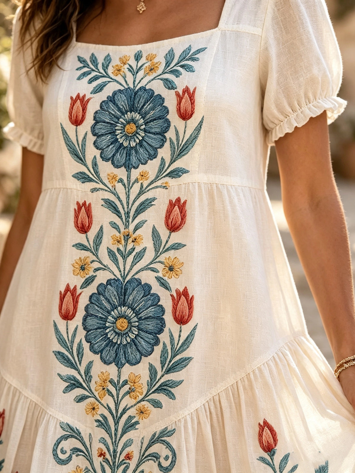 Women's Floral Vine Square-Neck Maxi Dress