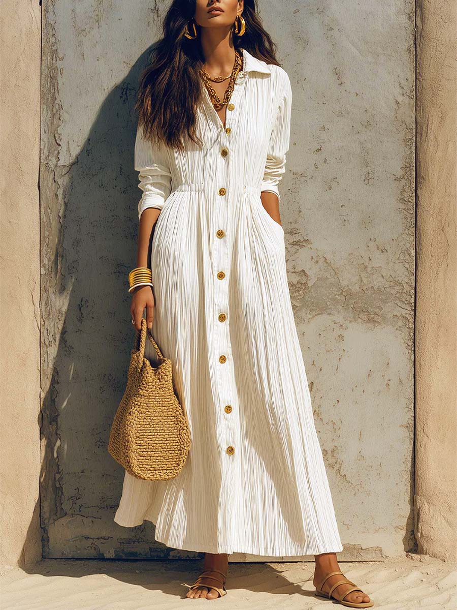 Retro Elegant Lapel Art Button Casual Long Sleeve Stylish Long Dress
