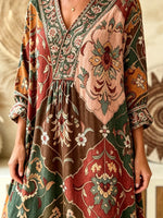 Women's Ethnic Geometric Floral Patchwork Print V-Neck Maxi Dress