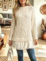 Women Cable‑Knit Mock Neck Chiffon Ruffle Hem Layered Sweater Tunic