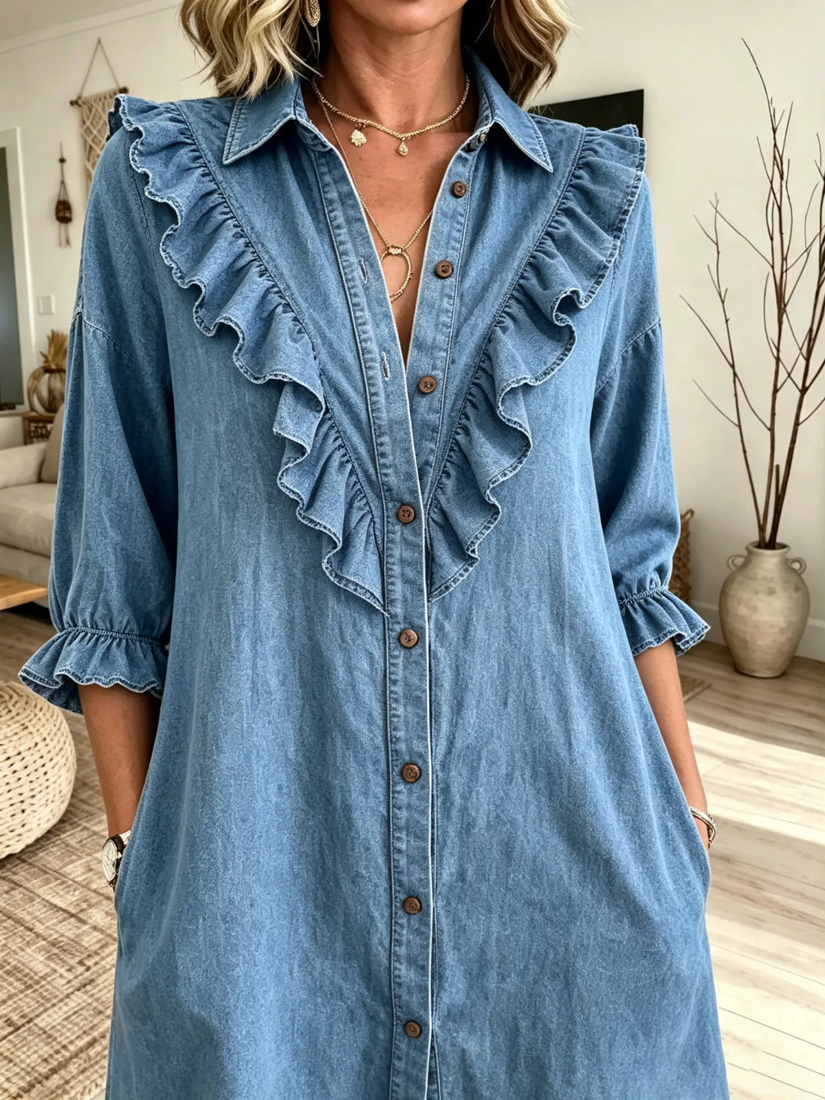 Women's Ruffle Collar Denim Shirt Dress