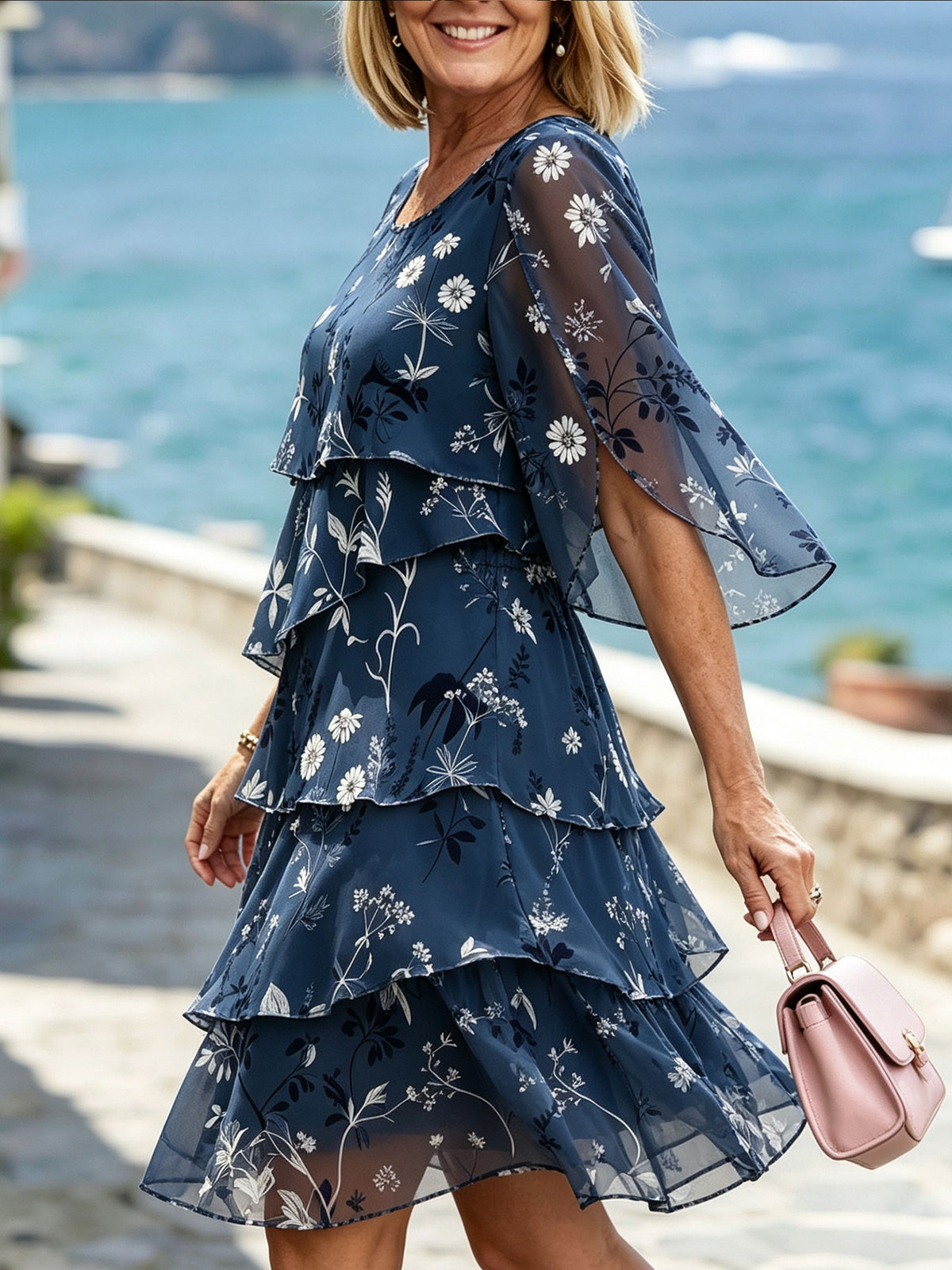 Women’s Navy Floral Print Split Flare Sleeve Tiered Ruffle Chiffon Dress