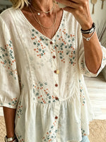 Women's Berry Floral Print V-Neck Ruffle Hem 3/4 Sleeve Blouse
